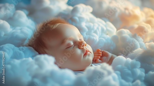 Embedded over a light cover of clouds beneath an open sky, a newborn baby boy sleeps soundly over spongy white clouds and space, Generative AI. photo