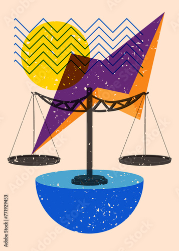 Risograph Scale with geometric shapes. Objects in trendy riso graph print texture style design with geometry elements.