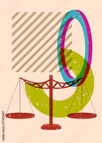 Risograph Scale with geometric shapes. Objects in trendy riso graph print texture style design with geometry elements.