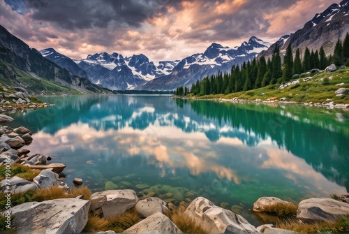 A breathtaking panoramic view of an alpine lake surrounded by majestic mountains, capturing the beauty of nature