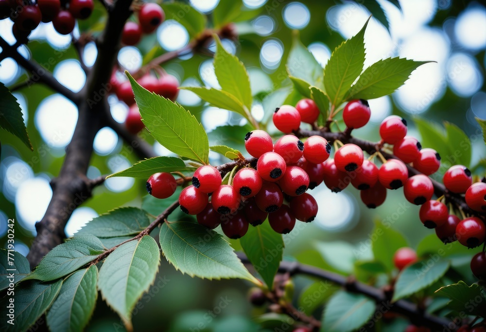 Fototapeta premium A close-up reveals a tree adorned with vibrant berries, nature's colorful jewels adorning its branches