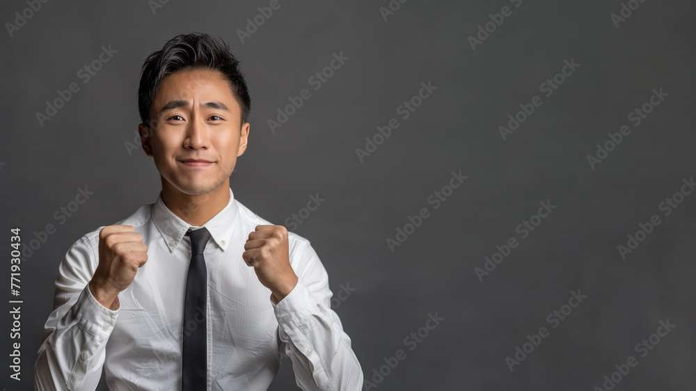 Asian businessman in white shirt raised fist with surprise face Asian businessman in white shirt raised fist with surprise face