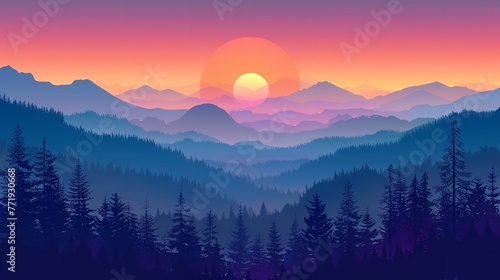 Illustration of a lovely sunset scene with a panorama of mountains and trees in shadow erecting a lovely vivid image and space, Generative AI.