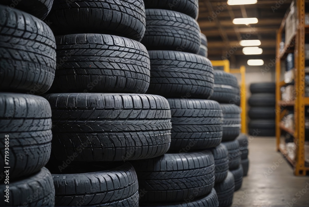 A neatly organized stack of new car tires in a warehouse, prepared for shipment A neatly organized stack of new car tires in a warehouse, prepared for shipment