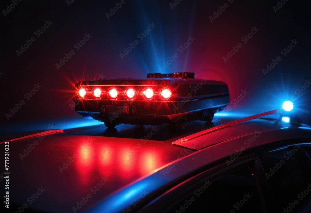 A police vehicle with a strobe light emits a flashing roll of red-colored lighting atop the car A police vehicle with a strobe light emits a flashing roll of red-colored lighting atop the car