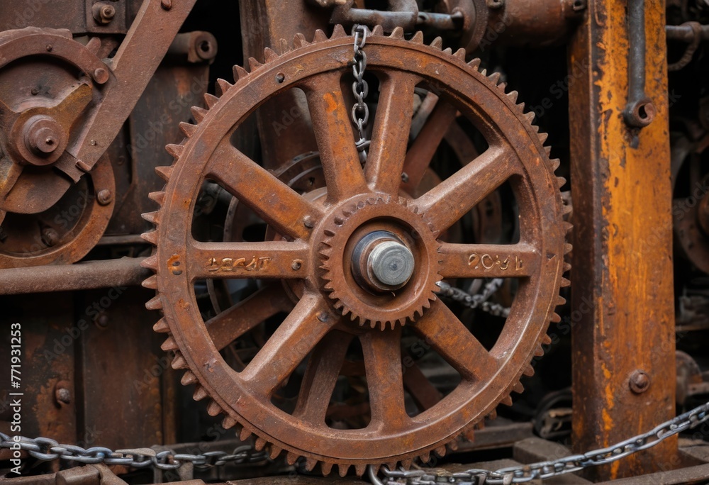 A rusty gear and chain accompany an old, heavy engine adorned with stains of rust