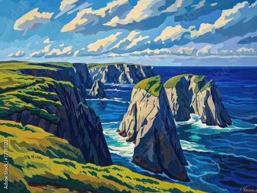 A painting of a rocky shoreline with a blue sky and a few clouds photo