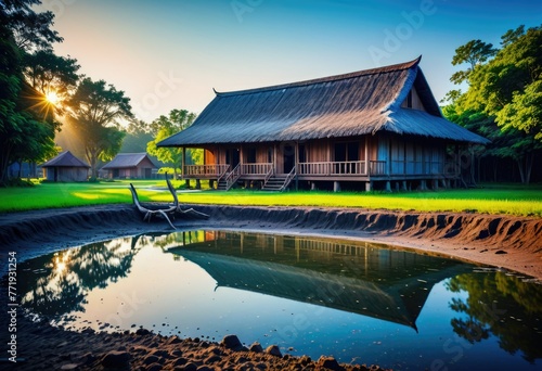 A rustic cottage surrounded by water and mud ponds, set in the tranquil scenery of an Asian rural countryside