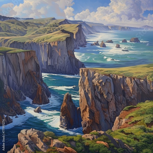 A painting of a rocky shoreline with a cliff in the background