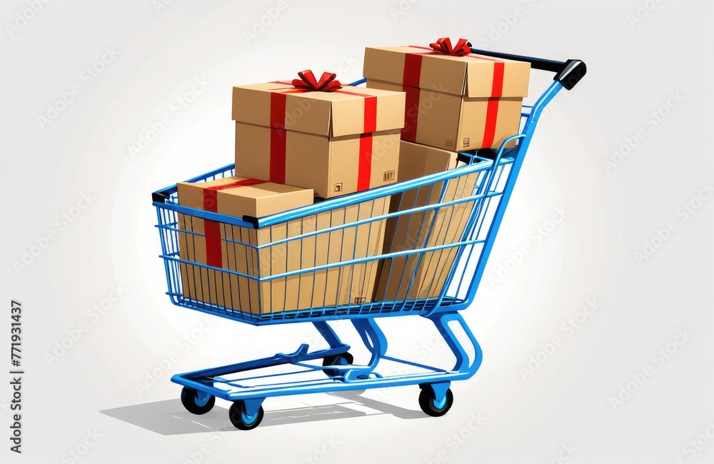 A shopping cart filled with cardboard package boxes, set against a white background with ample copy space