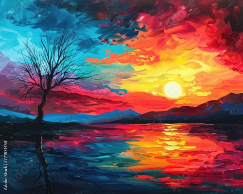 A painting of a sunset with a tree in the foreground