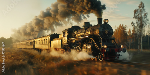 A vintage steam engine train hurtles down the tracks at high speed, its smokestack billowing tons of smoke, all against the backdrop of the golden hour. photo