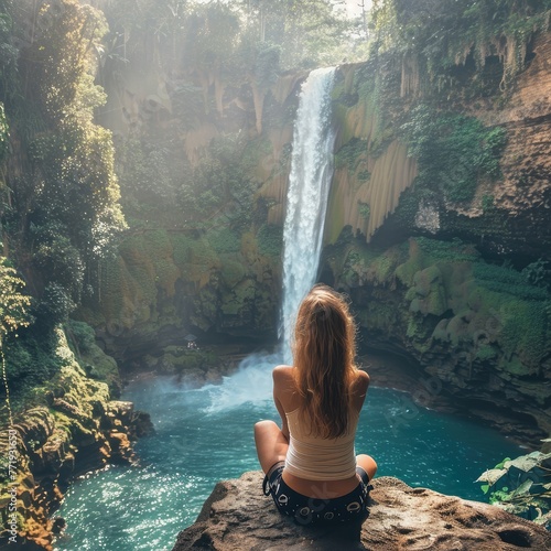 A woman sits on a rock overlooking a waterfall