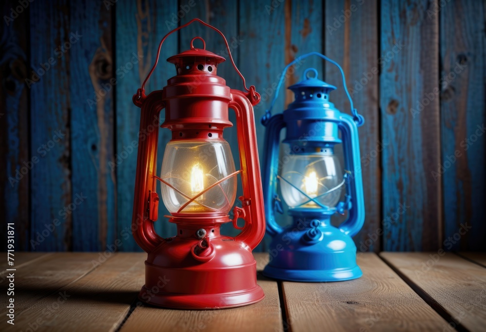 A vintage-style red oil lantern, reminiscent of Western design, hanging against a wooden backdrop 