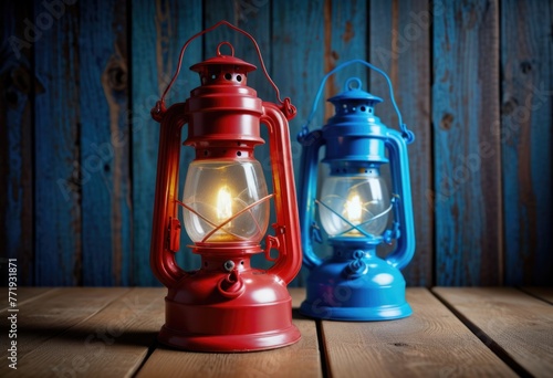 A vintage-style red oil lantern, reminiscent of Western design, hanging against a wooden backdrop 