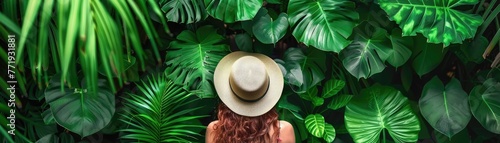 A person is holding a hat in a lush green jungle