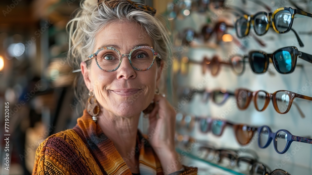In front of an array of distinctive eyeglass frames found in an optometry shop, a joyful lady tries over spectacles lovely interior and space, Generative AI. - obrazy, fototapety, plakaty 