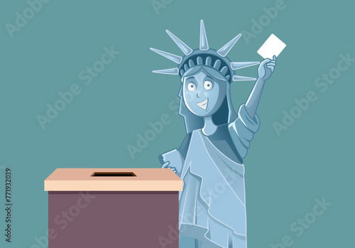 Statue of Liberty Voting in American Elections Vector Cartoon illustration. American citizen casting a vote in the upcoming electoral race
