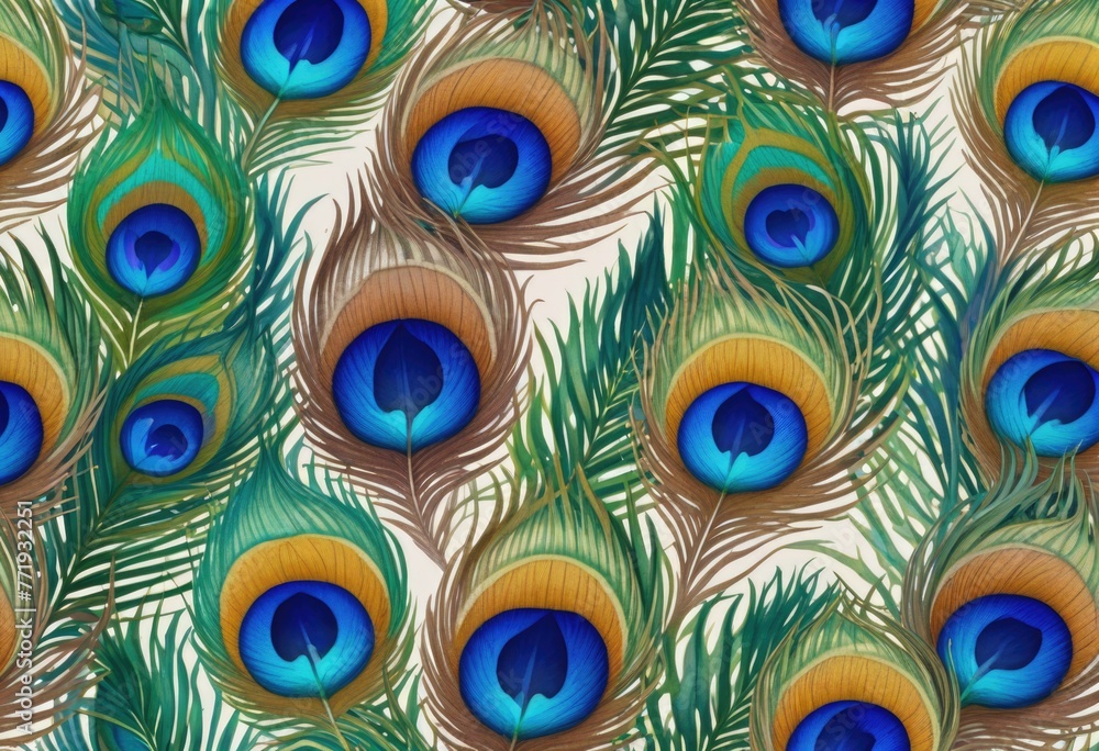 Obraz premium a watercolor peacock feather seamless pattern, capturing the aquarelle plumage in an exotic tile design