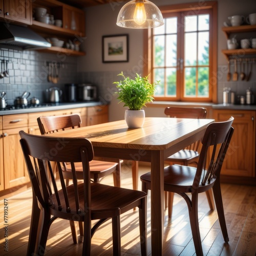 A wooden kitchen table with chairs  set against a blurred background  awaits occupants
