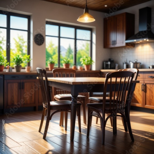 A wooden kitchen table with chairs, set against a blurred background, awaits occupants