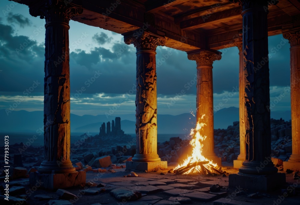 An eternal flame flickers in a dark fantasy landscape, framed by ancient columns, evoking an aura of mystique