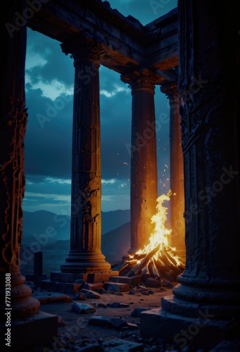 An eternal flame flickers in a dark fantasy landscape, framed by ancient columns, evoking an aura of mystique