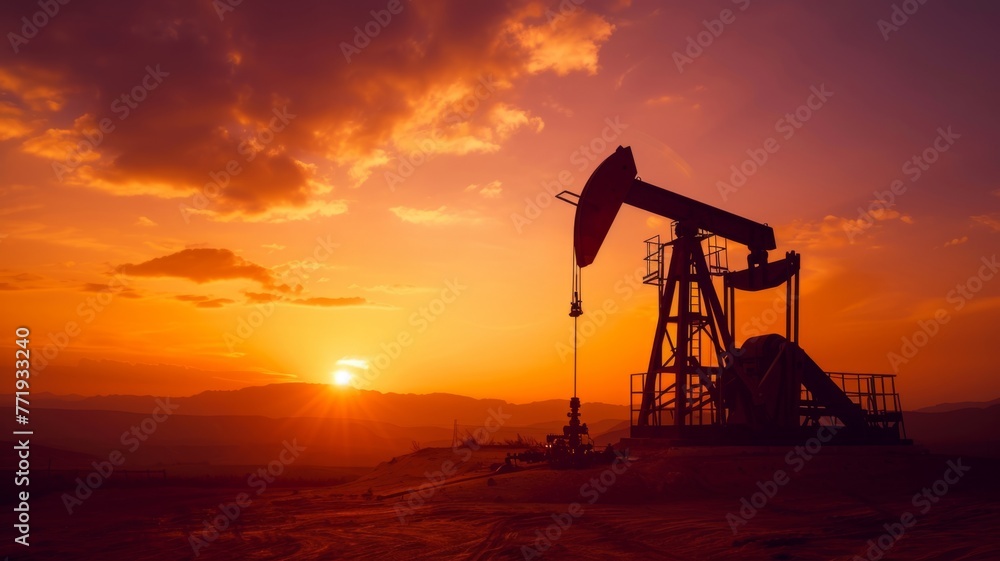 Oil pump silhouette at sunset in vast landscape - An oil pumpjack stands against a vibrant sunset, representing energy production and consumption in a serene landscape