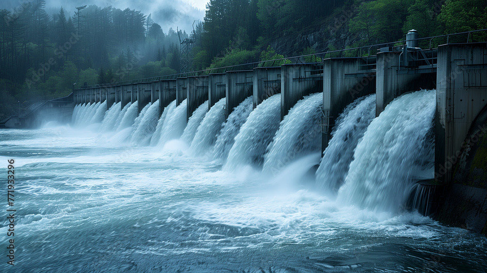 Hydropower dam generating power on a big river.