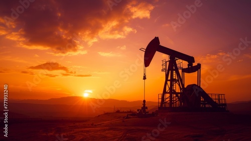 Oil pump silhouette at sunset in vast landscape - An oil pumpjack stands against a vibrant sunset, representing energy production and consumption in a serene landscape