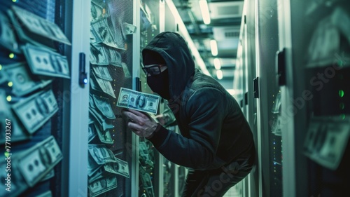 Hacker in a data center stealing money concept - Dramatic image of a masked hacker holding cash inside a data center, symbolizing cybercrime and security breaches