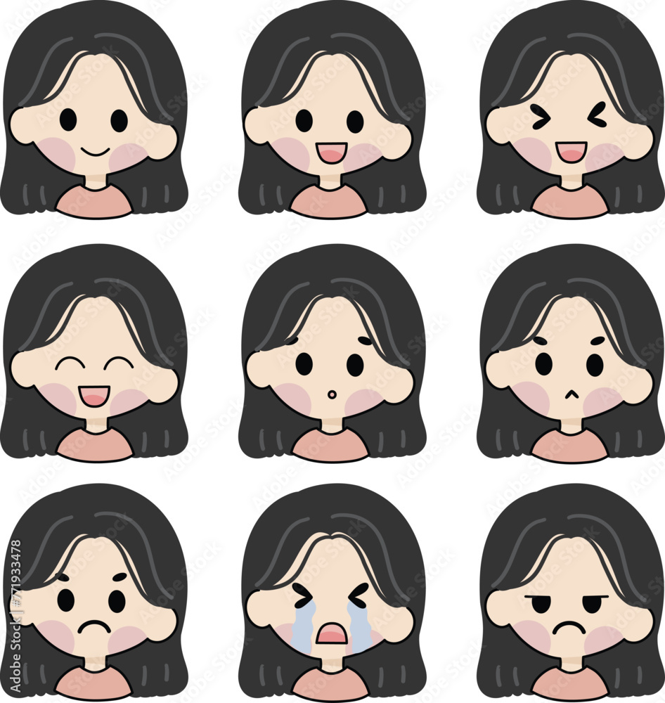 Vrious chibi short hair happy angry expression. flat girl deisgn. vector illustration Vrious chibi short hair happy angry expression. flat girl deisgn. vector illustration