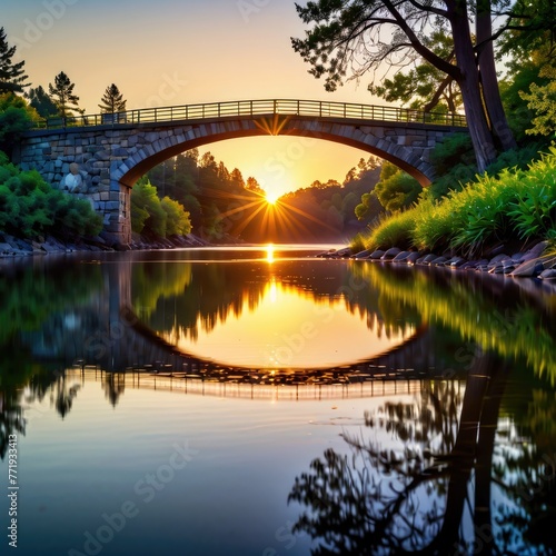 At sunrise, a serene bridge reflects on the calm waters below, painting the scene with tranquility