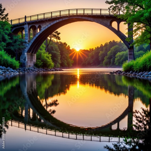 At sunrise, a serene bridge reflects on the calm waters below, painting the scene with tranquility © SR Creative Idea