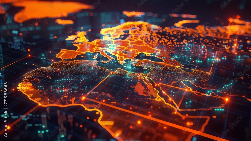 Illuminated 3D world map with digital grid A highly detailed 3D