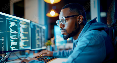 Modern Office: Portrait of Motivated Black IT Programmer Working on Laptop Computer. Male Specialist Create Website, Software Engineer Develop App, Program, Video Game. Stress Free Inclusive Space