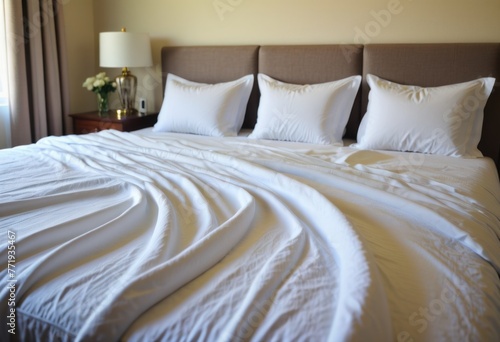 Fresh, crisp linen meticulously spread across a spacious bed, promising a night of pure comfort