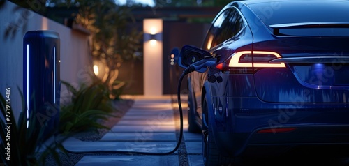 Electric Vehicle Charging at Home at Dusk.