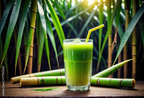 Indulge in freshly squeezed sugar cane juice, garnished with sugar cane branches against a blurred background