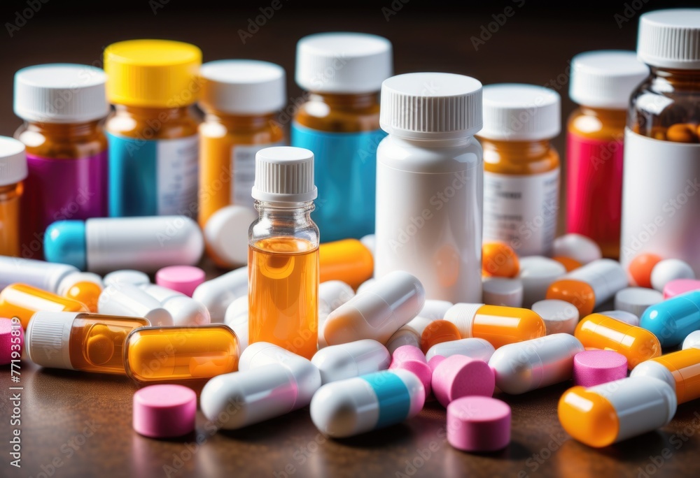 medication pills arranged in pill bottles against a complementary background medication pills arranged in pill bottles against a complementary background