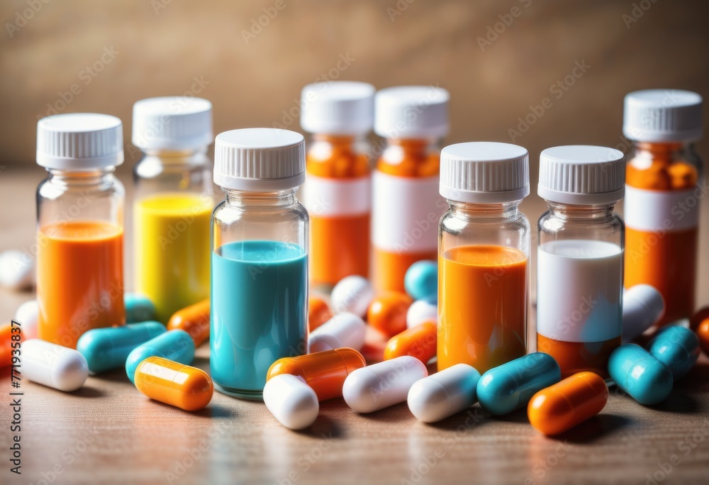 medication pills arranged in pill bottles against a complementary background medication pills arranged in pill bottles against a complementary background
