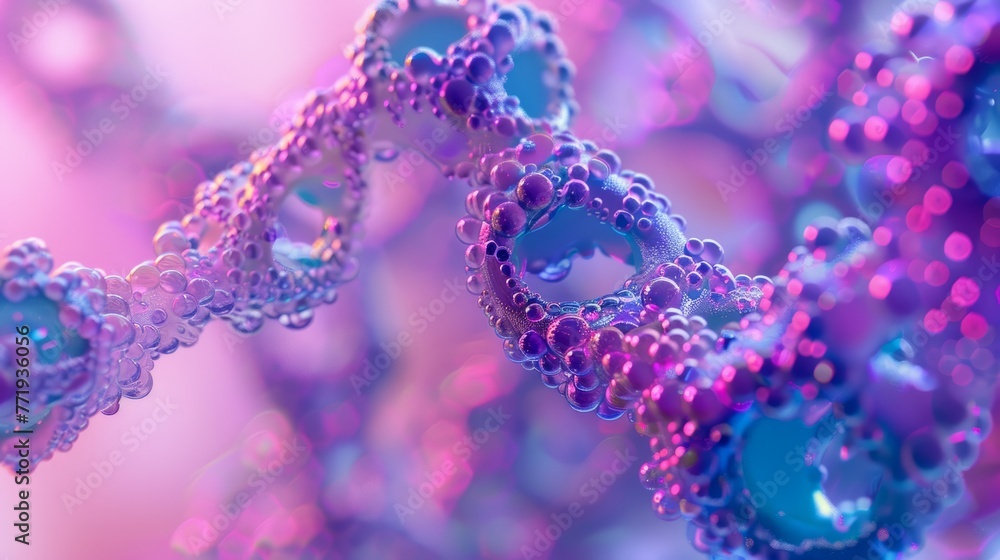 3D molecule, biomorphic forms,Purple, turquoise, pink color grading