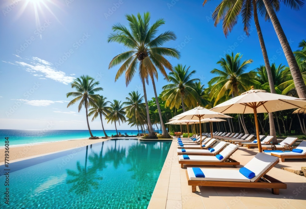 poolside luxury, palm-fringed beach, azure waters, and endless summer skies