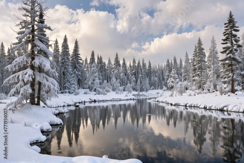 Panoramic view of a beautiful winter landscape with snow-covered trees surrounding a serene lake