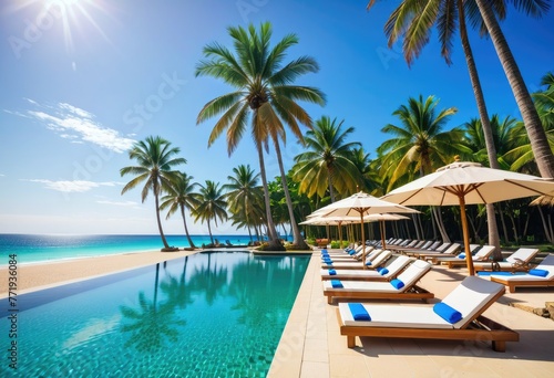 poolside luxury  palm-fringed beach  azure waters  and endless summer skies
