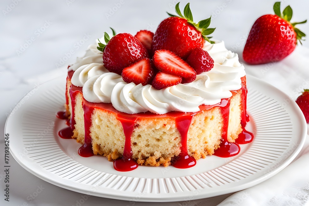 Strawberry cake looks elegant on a white plate on a white background. Strawberry cake looks elegant on a white plate on a white background.