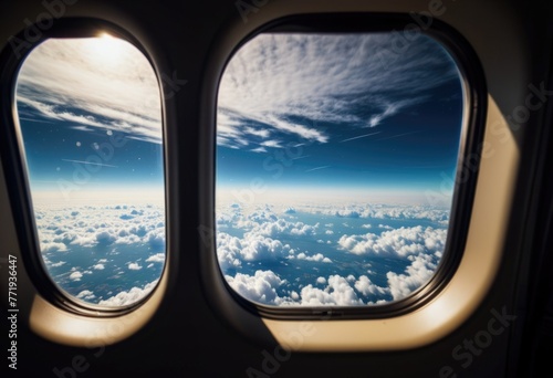 Step into the cozy interior of an airplane  where you can gaze out the window and admire the clouds