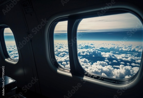 Step into the cozy interior of an airplane, where you can gaze out the window and admire the clouds