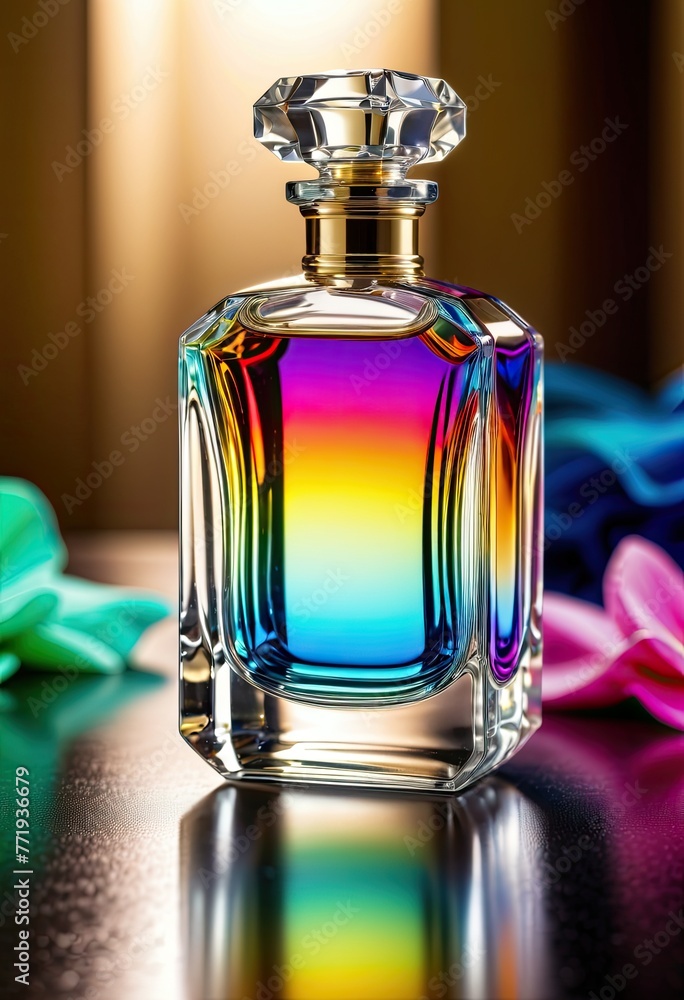 the elegance of a clear antique perfume bottle, reflecting bright colors through graceful light refraction the elegance of a clear antique perfume bottle, reflecting bright colors through graceful light refraction