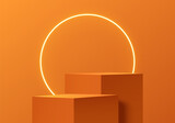 Orange cube 3D podium pedestal level background set with glowing neon ring wall scene. Minimal mockup product, Vector stage showcase, Cosmetic banner promotion display. Abstract geometric platforms.